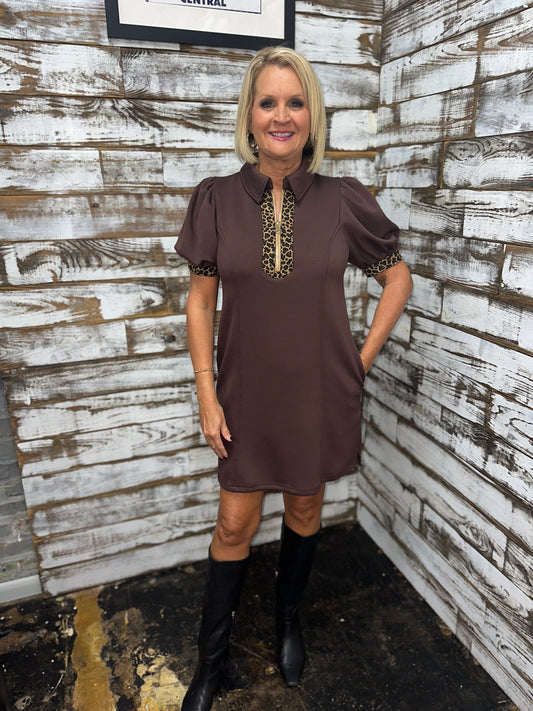 Brown Leopard Trim Dress