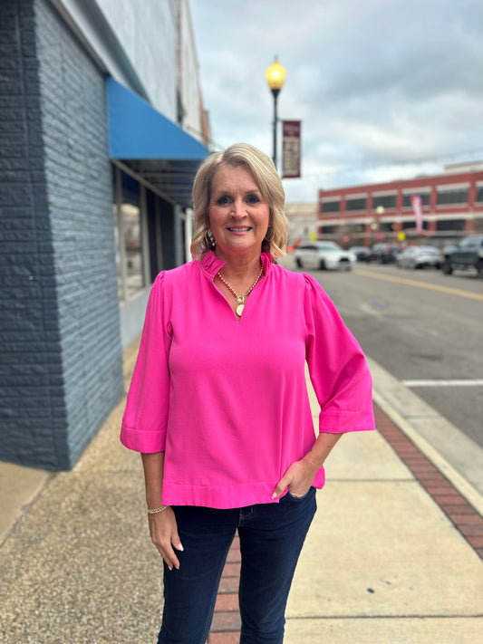 Ruffled Neck 3/4 Sleeve Top, Pink