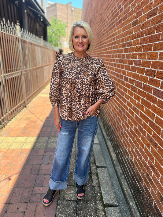 Smocked Leopard Print Ruffle Blouse