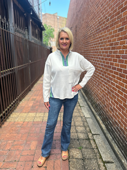 ECRU Ribbed Zip Pullover Top