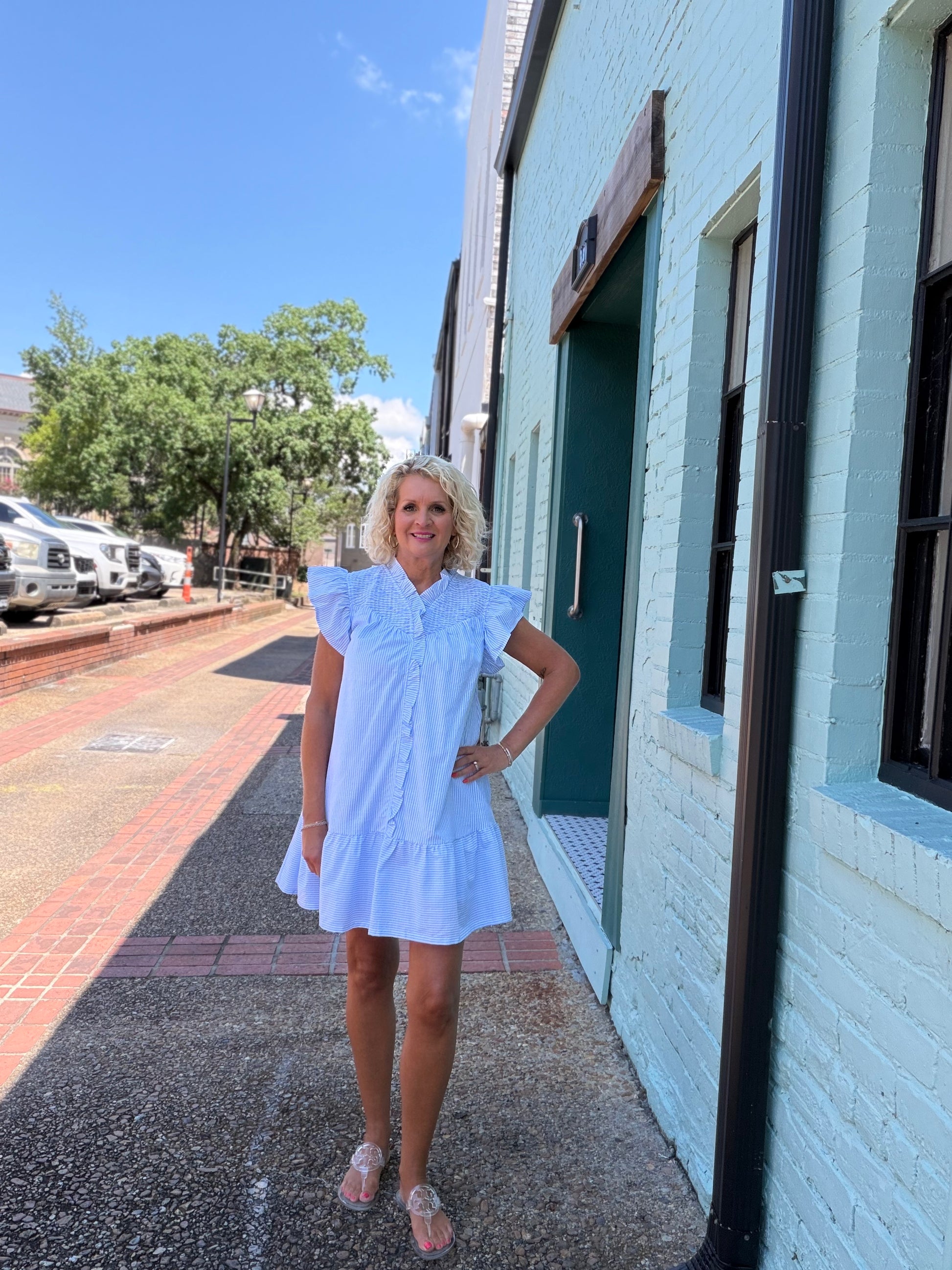 LT BLUE Stripe Smocked Ruffle Dress