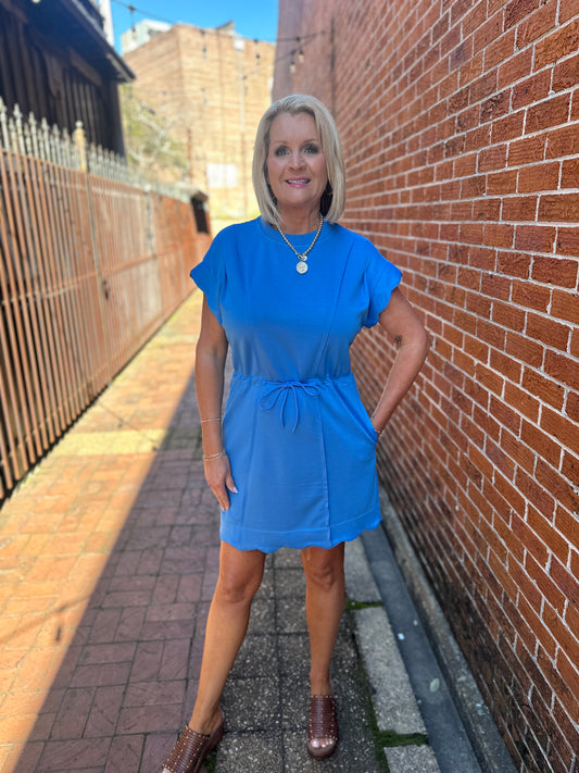 Cerulean Scallop Hem Drawstring Luxe Knit Dress