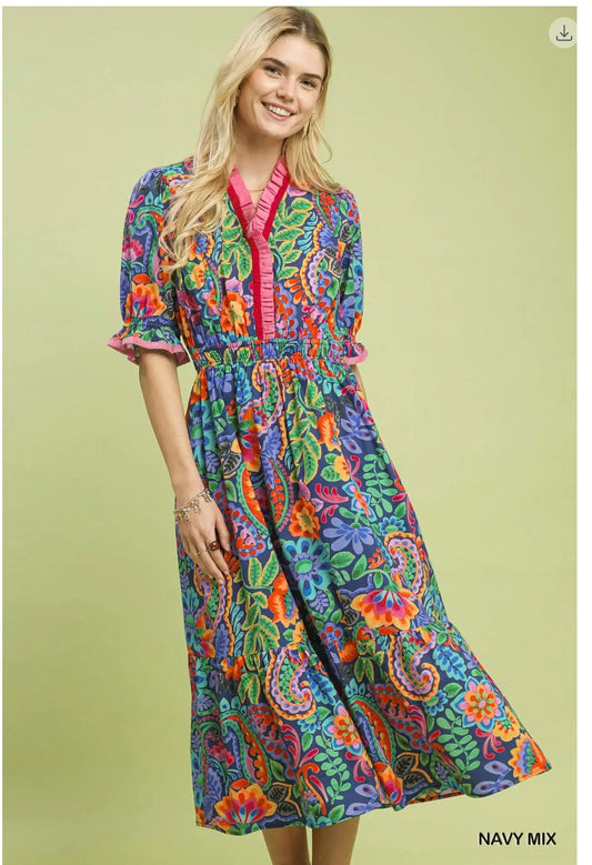 Mix Floral Midi Dr W/ Ruffle Trim