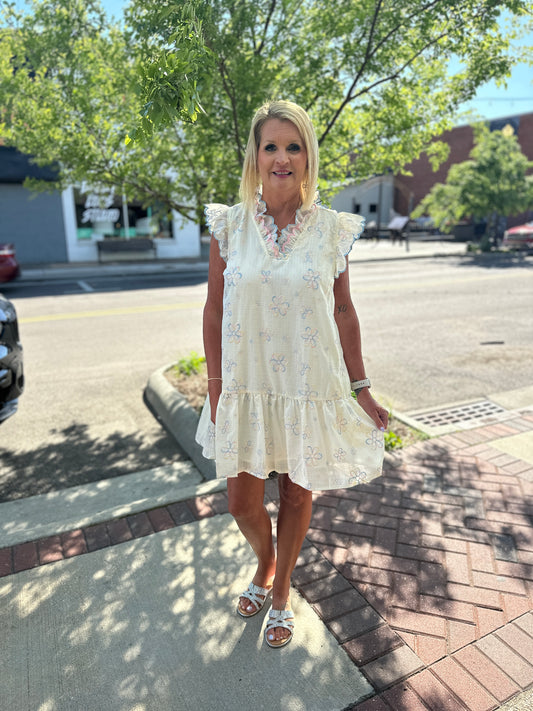 Embroidered Mini Dress with Scalloped Detail