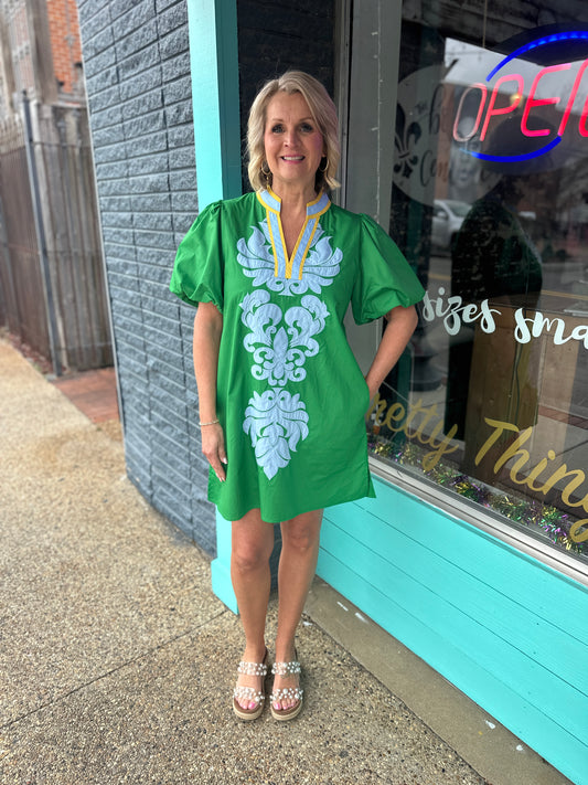Blue&Yellow Accent Kelly Green Dress