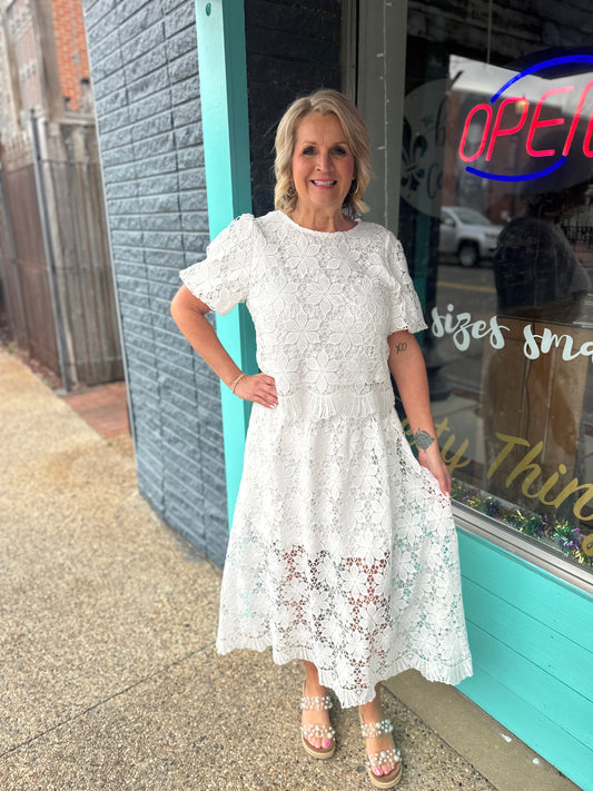 Lace Floral Short Slv. Skirt Set, White