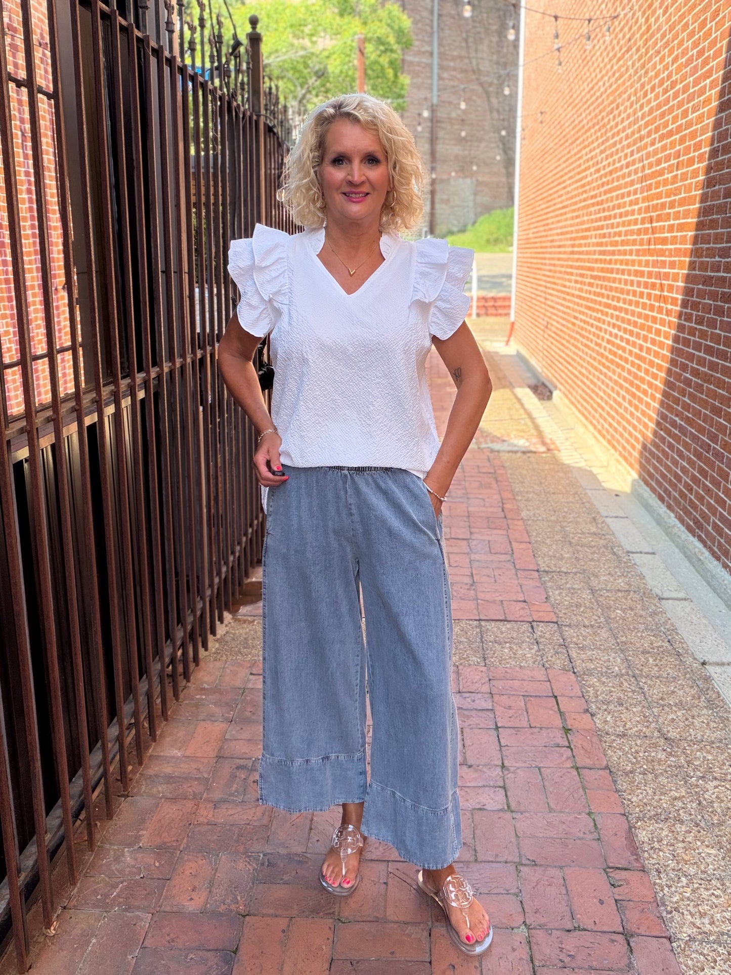 Stone Wash Denim Wide Leg Pants