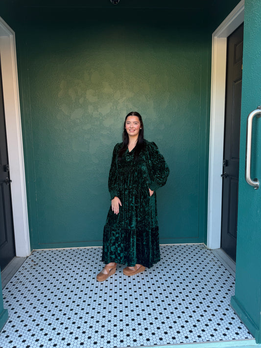 HUNTER GREEN Velvet Tiered Midi Dr