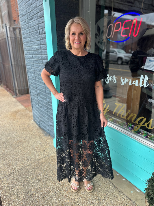 Lace Floral Short Slv. Skirt Set, Black