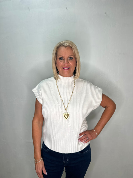 Ribbed Knit Vest Sweater, White