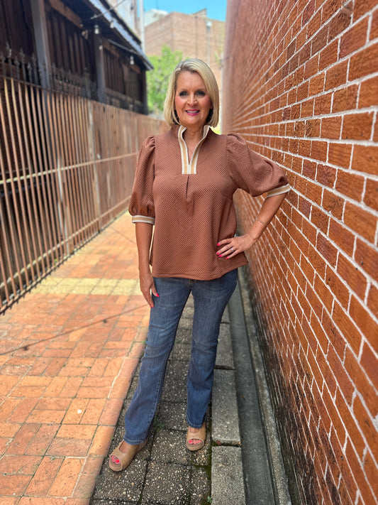 Textured Knit Half-Zip Stripe Trim Top