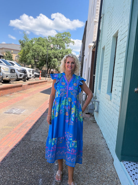 CERULEAN MIX FLORAL MIDI DRESS
