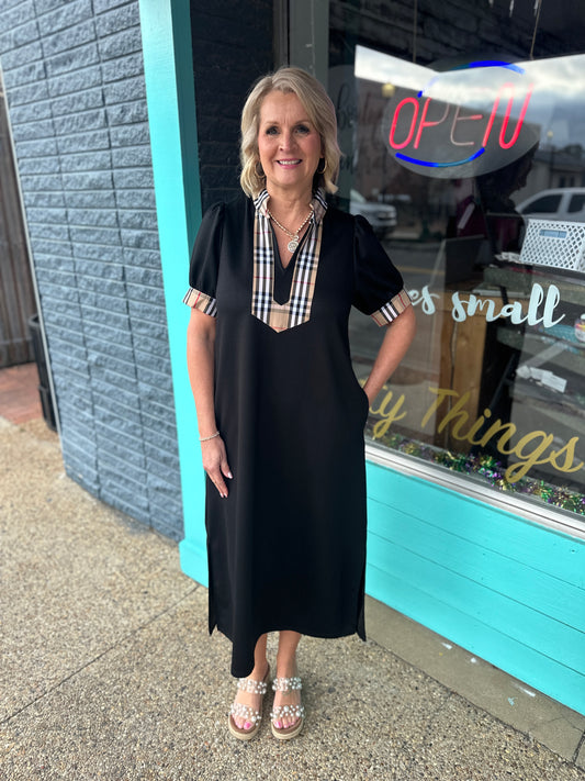 Black Plaid Detail Midi Dress