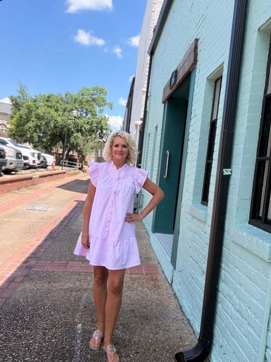 PINK Stripe Smocked Ruffle Dress