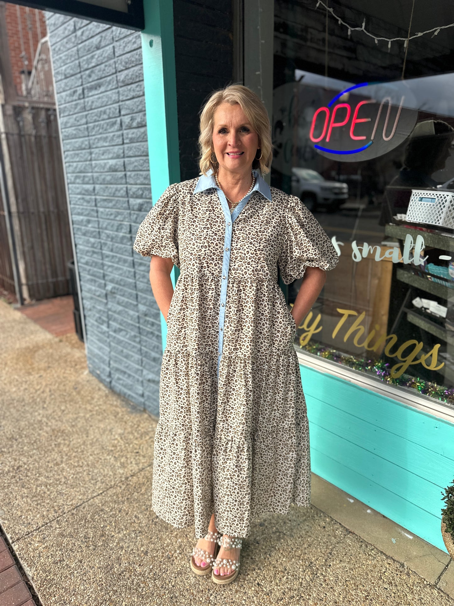 Leopard Puff Sleeve Button Down Dress