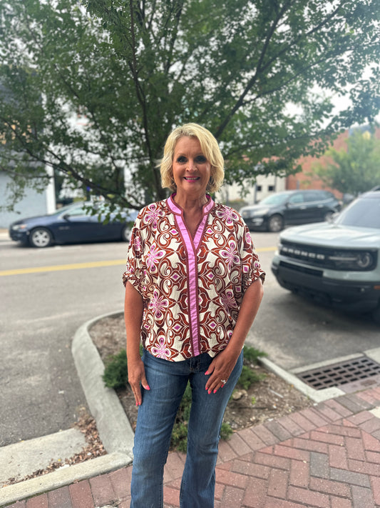 Brown & Pink Mix Abstract Top