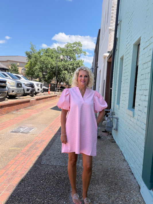 Pink Puff Sleeve V-Neck Dress