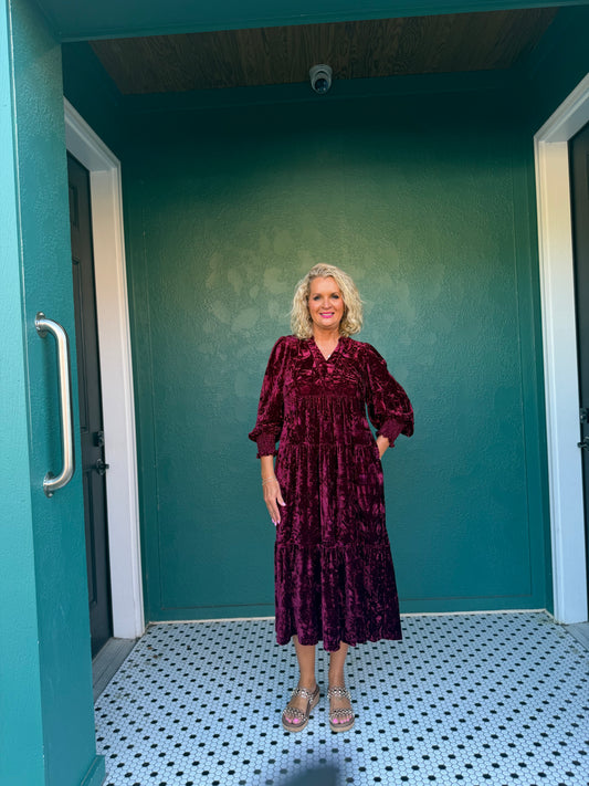 WINE Velvet Tiered Midi Dr