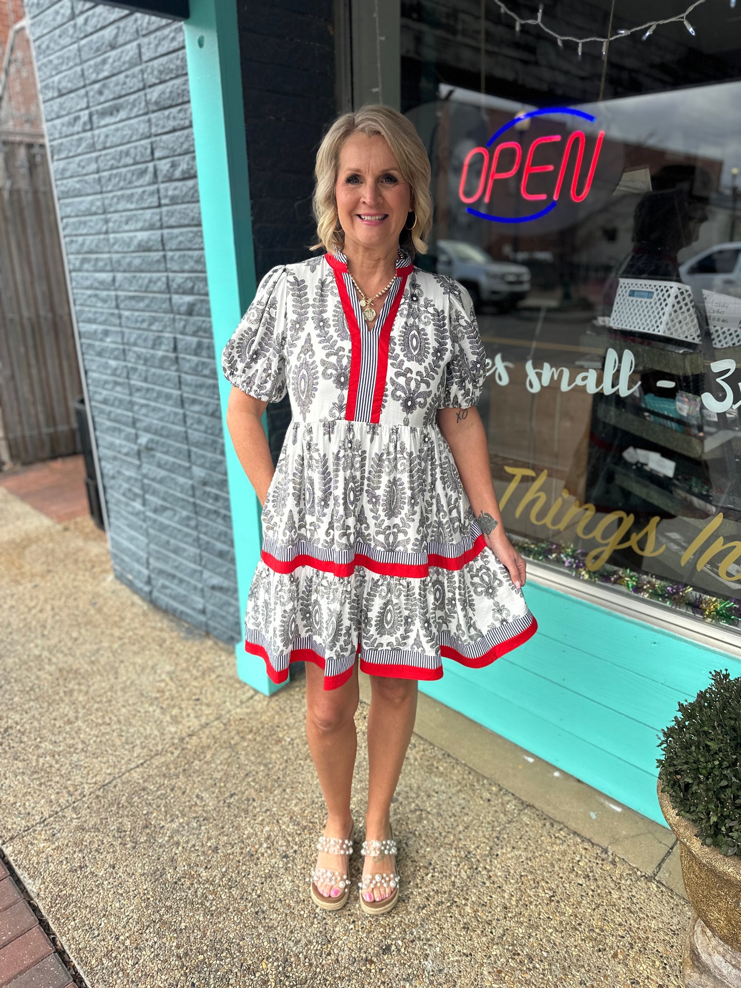 Black Floral Print Red Trim Dress