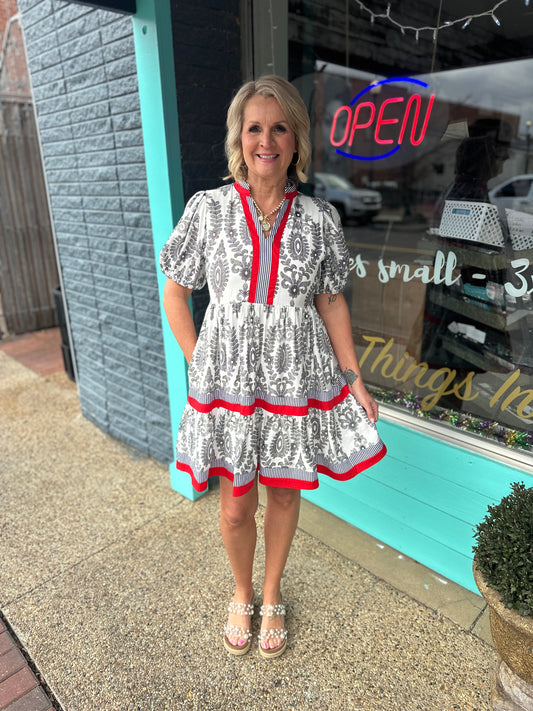 Black Floral Print Red Trim Dress