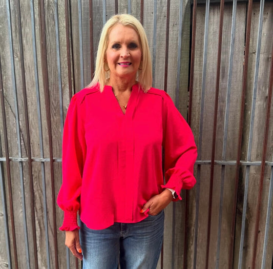 CHERRY SMOCKED SLEEVE/FRONT PLEATS
