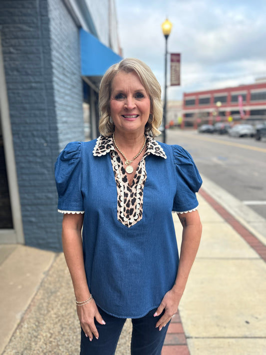 Denim Leopard Accent Collar Top