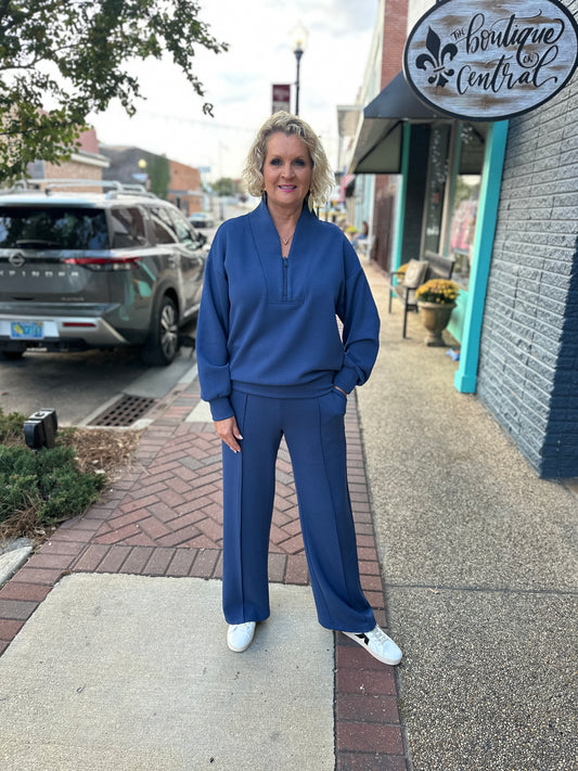 Scuba Pintuck Straight Pant Set, Navy