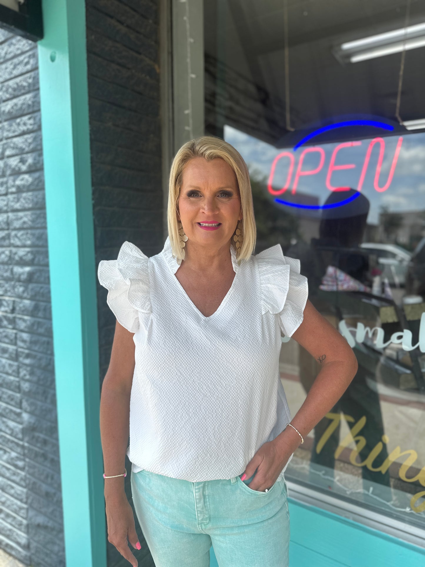 Off White Textured Ruffle Sleeve V-Neck Blouse