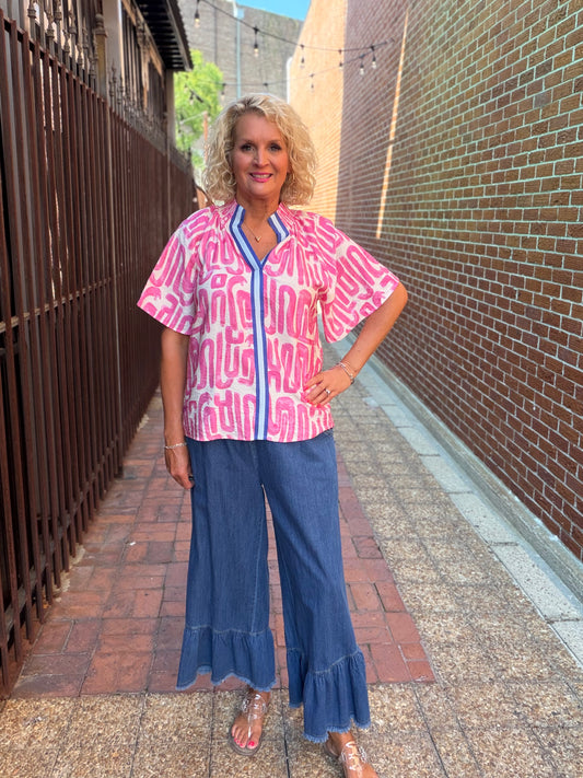 Washed Denim Wide Leg Pants