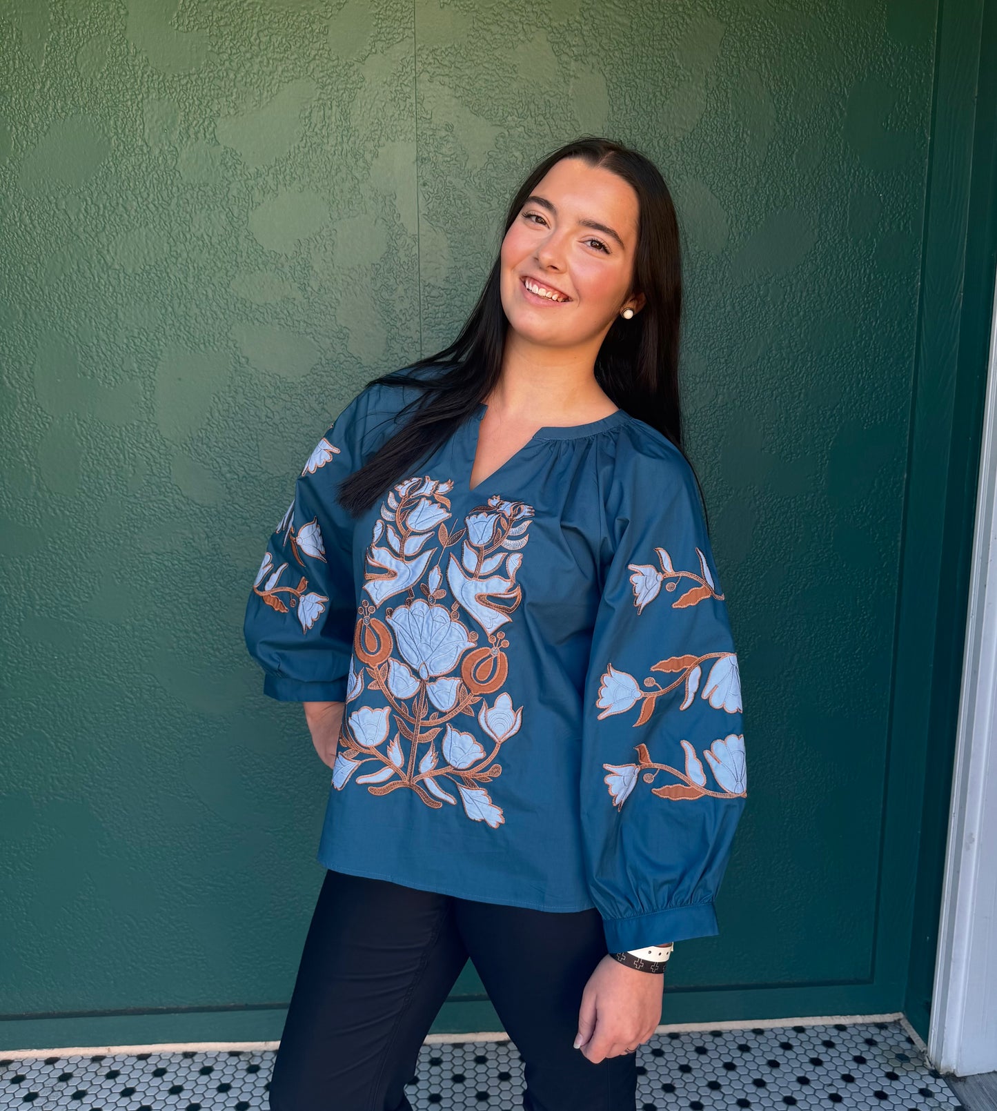TEAL EMBROIDERED BAROQUE TOP