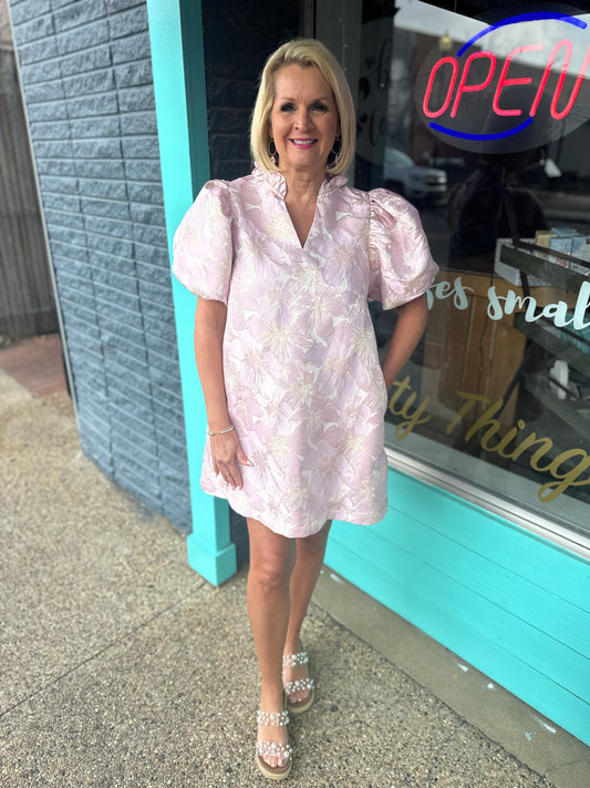 PINK Ruffle V-neck Puff Sleeve Dress