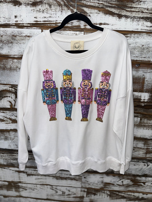 White Sequin Nutcracker Oversized Pullover