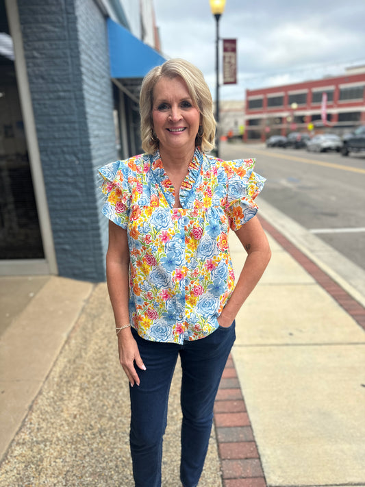 Blue Mix Flutter Sleeve Top