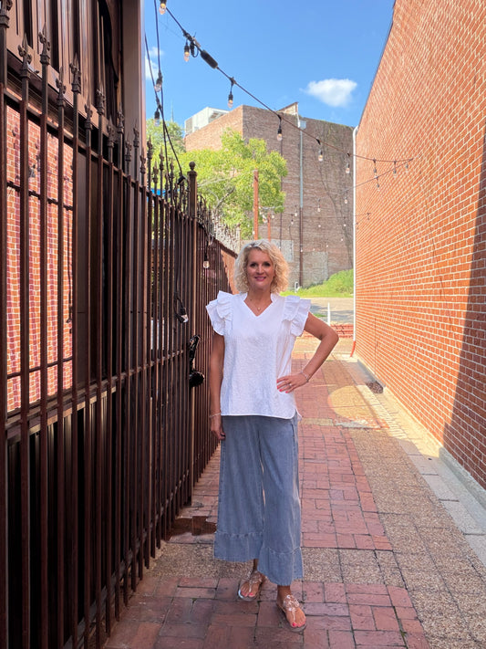 Stone Wash Denim Wide Leg Pants