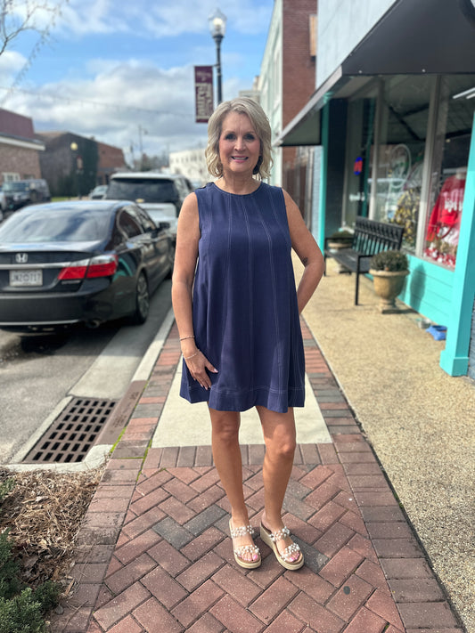 Navy Linen Sleeveless Swing Dress