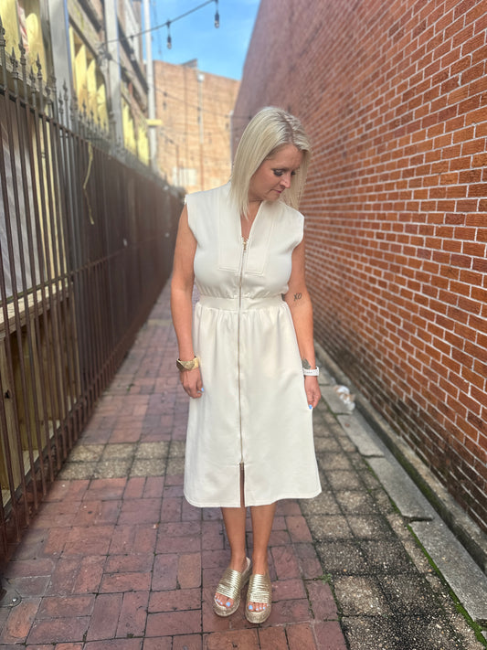 CREAM ZIP UP MIDI DRESS