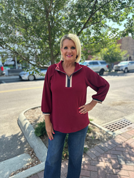 Burgundy 3/4 Sleeves Pullover