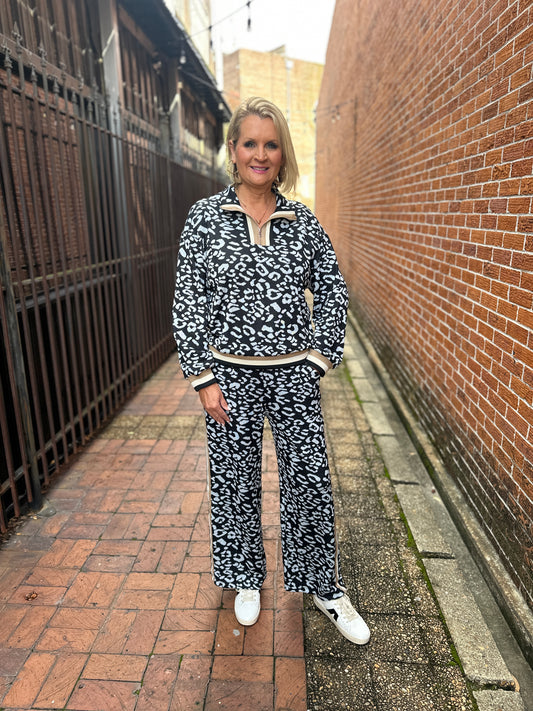 Black Leopard Stripe Contrast Pant Set