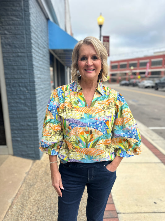 Blue Mix Collared V Neck Top