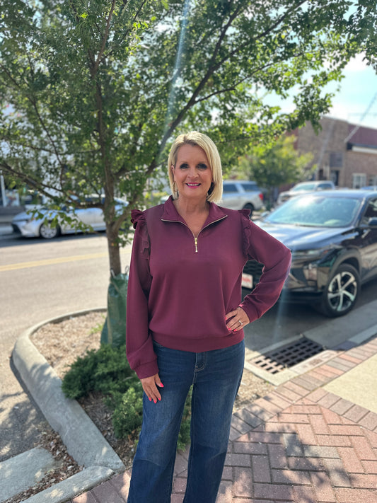 Luxeknit Ruffle Shoulder Quarter-Zip Pullover