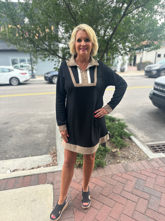 Waffle Knit Zip Collar Tunic Dress