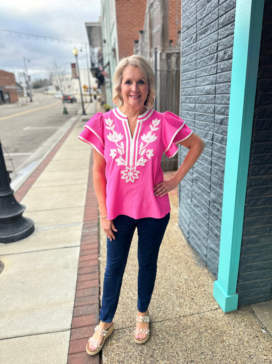 Hot Pink Flutter Sleeve Floral Top