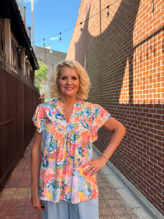 BLUE Mix Tropical Print Top