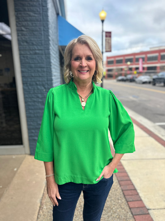 Ruffled Neck 3/4 Sleeve Top, Green