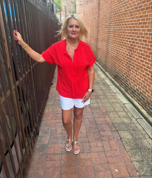 TOMATO RED RUFFLE NECK TOP