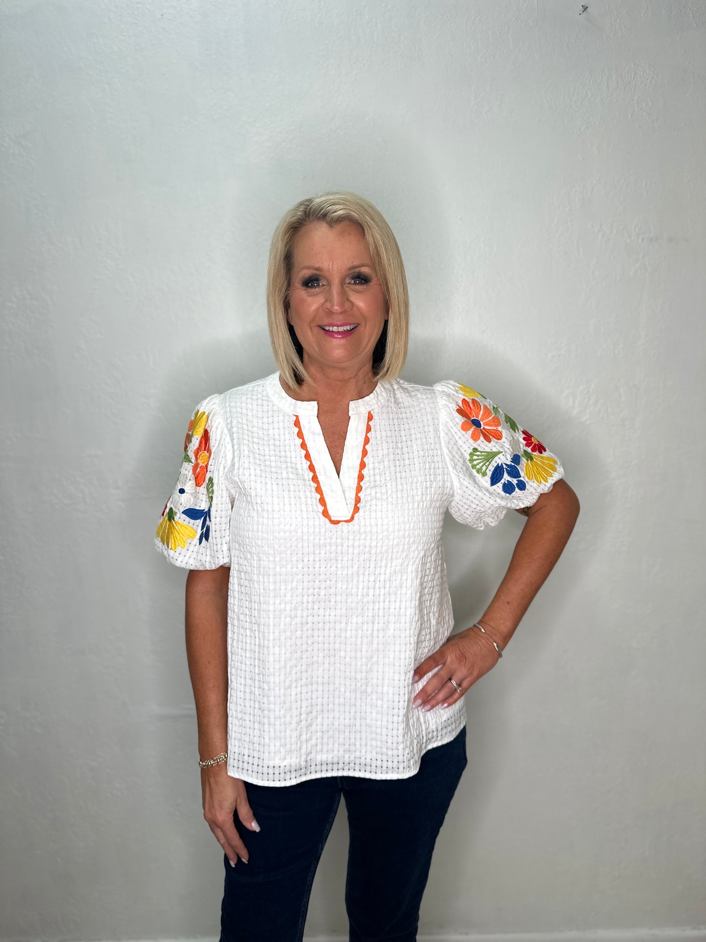 Embroidery Accent Lovely Gingham Check Top