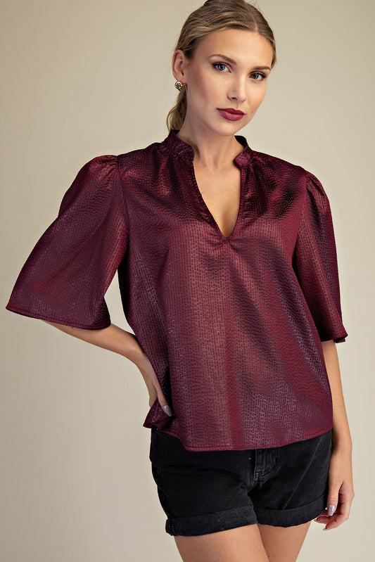 Burgundy V Neck Textured Top