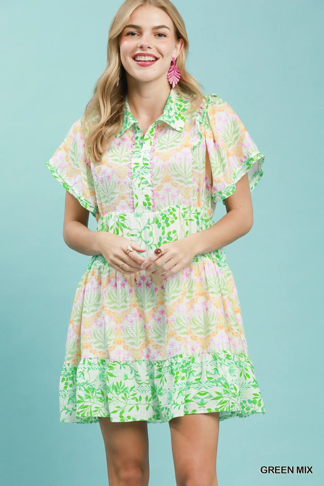 Mixed Floral Tiered Mini Dress with Flutter Sleeves