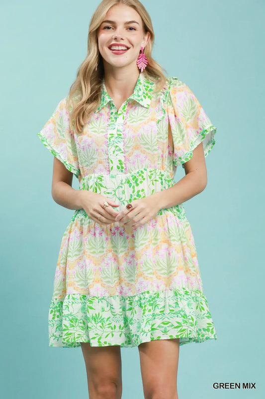 Mixed Floral Tiered Mini Dress with Flutter Sleeves