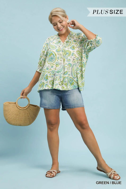 GREEN/BLUE Smocked V-Neck Paisley Top
